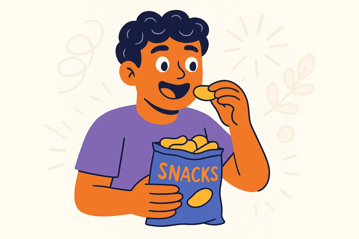 character eating snacks