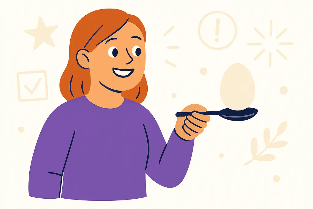 character holding an egg on a spoon