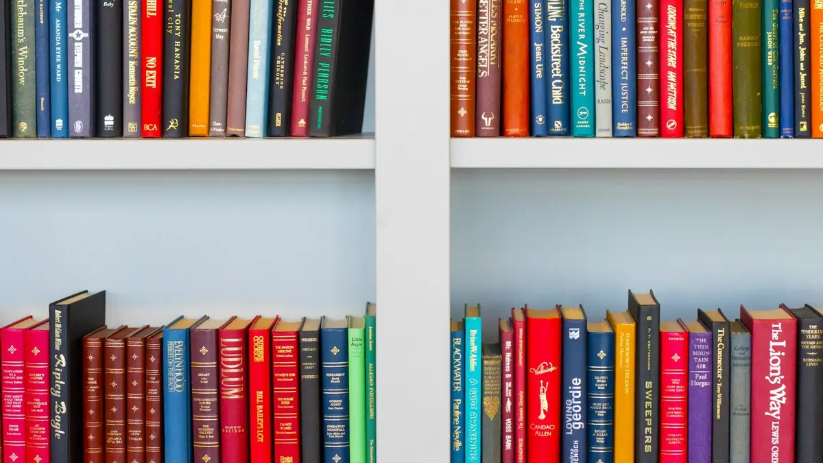 assorted-title book lot placed on white wooden shelf