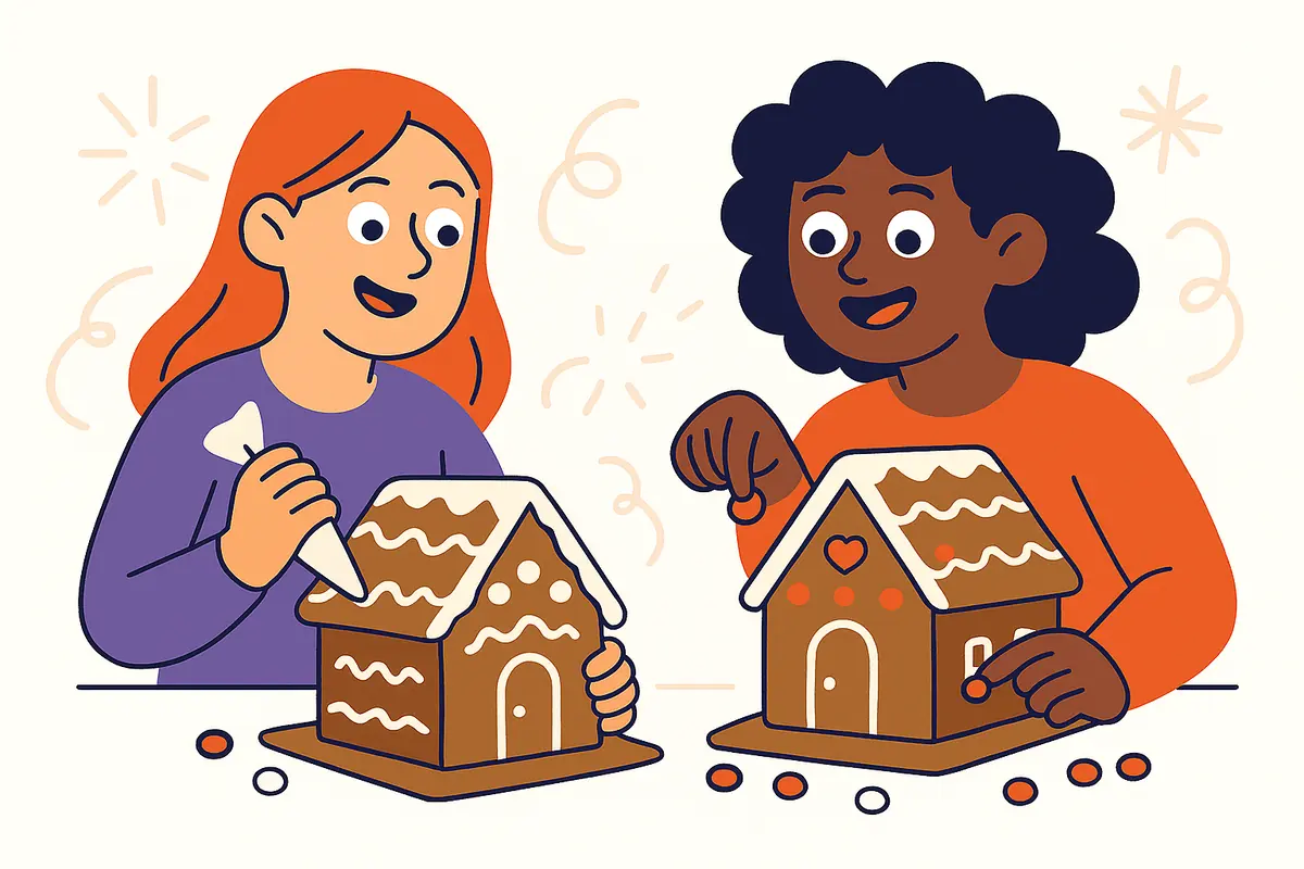 two characters decorating gingerbread house