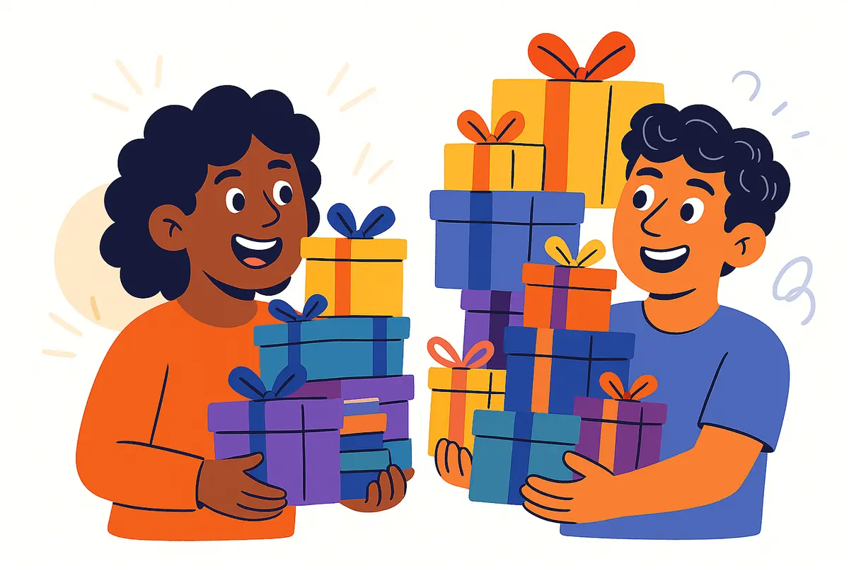 two characters holding gifts