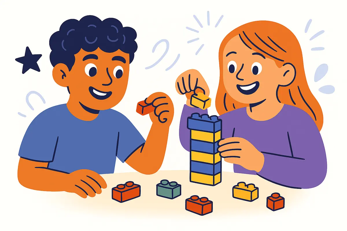 two characters playing with lego