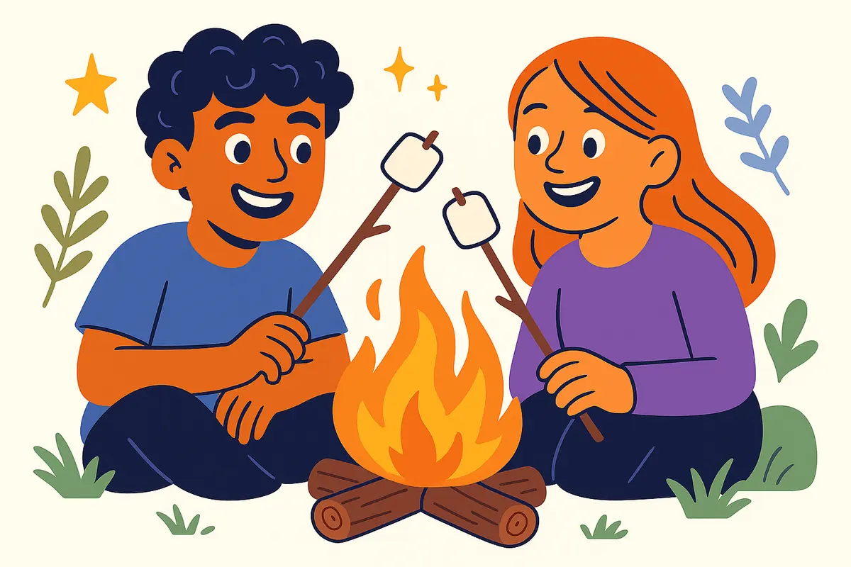 two characters roasting marshmallows