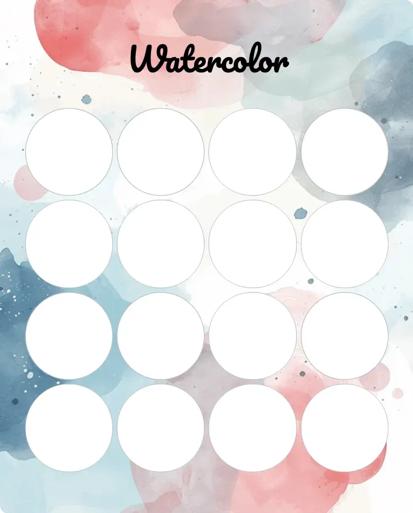 Watercolor style blank bingo card