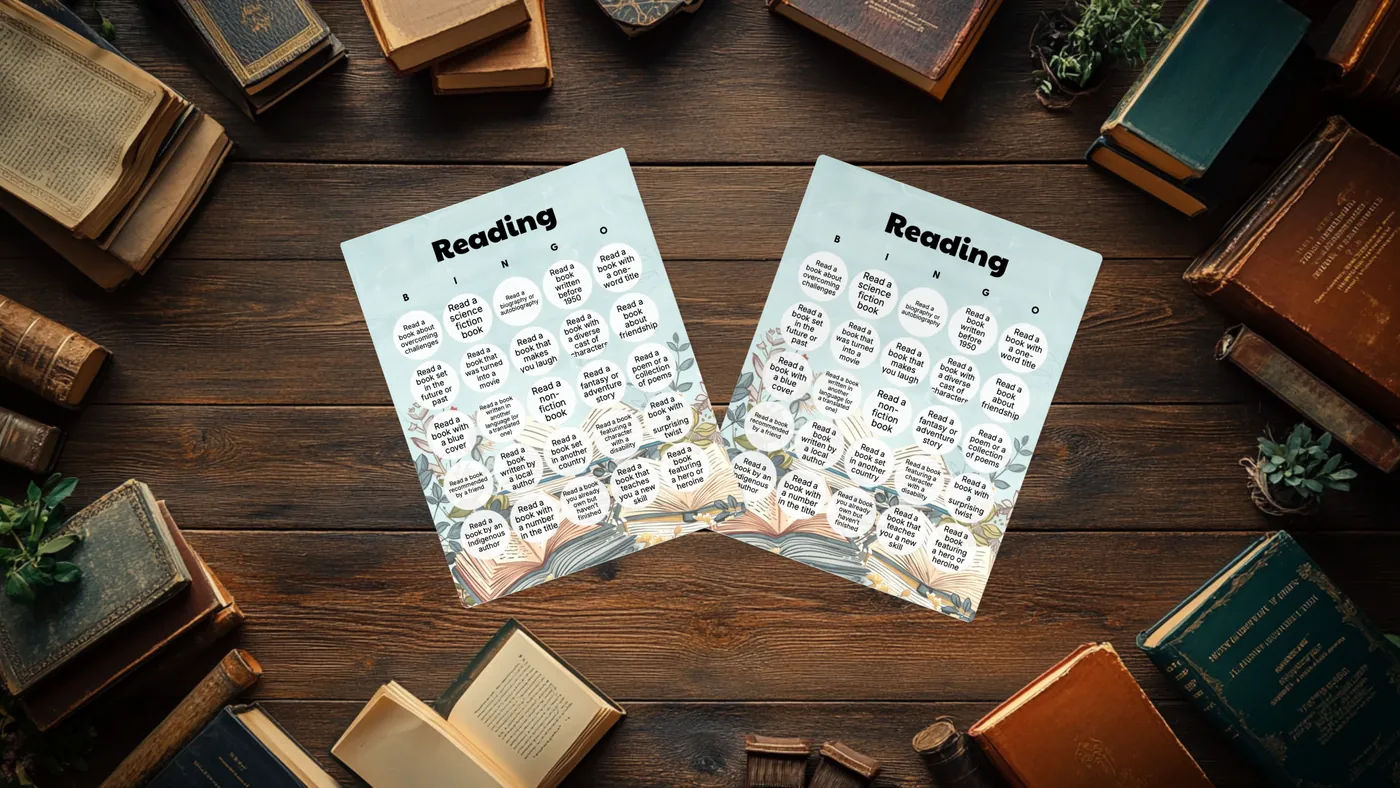 two bingo cards on table with books
