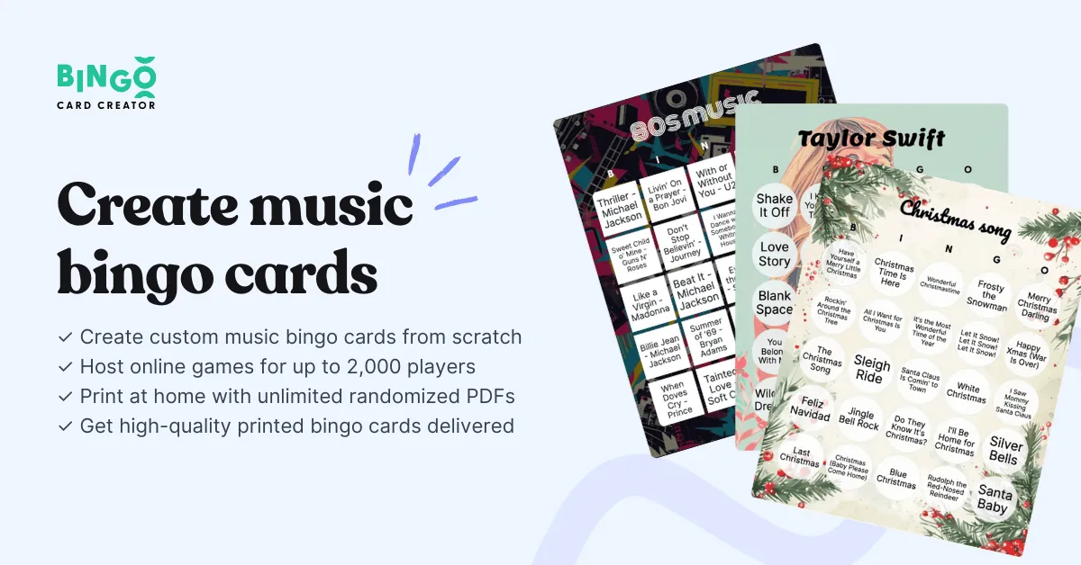 Music bingo cards showing Taylor Swift, 80s music, and Christmas songs templates