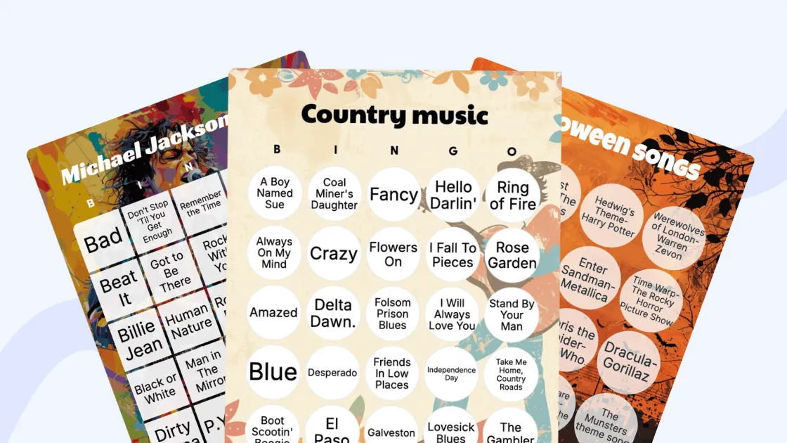 Music bingo template collage showing Michael Jackson, Country music, and Halloween songs cards