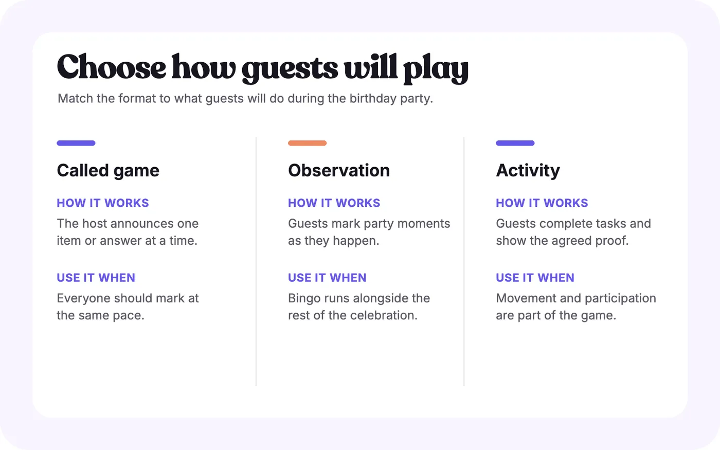 Comparison of called, observation, and activity birthday bingo.