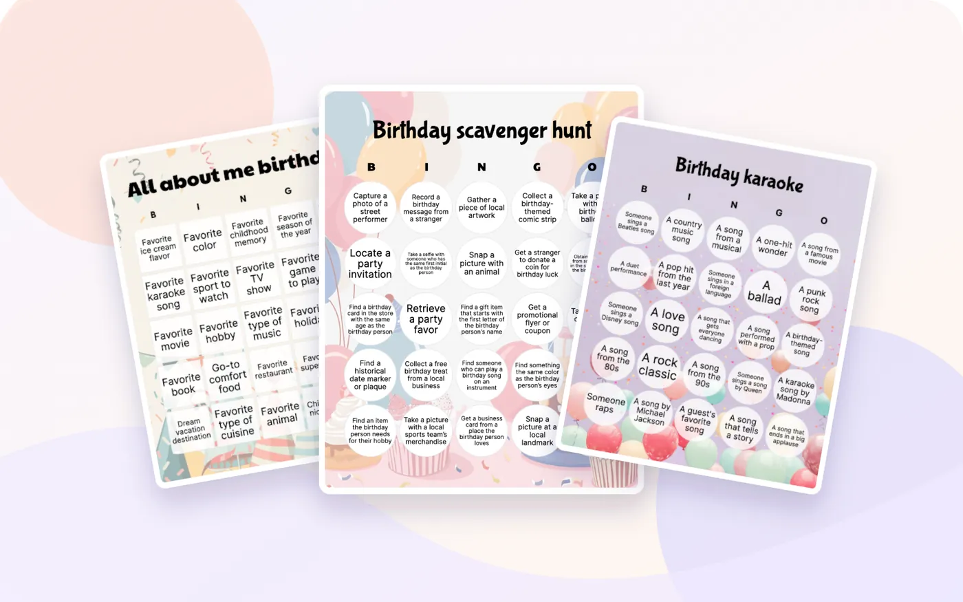 All about me birthday, Birthday scavenger hunt, and Birthday karaoke bingo cards.