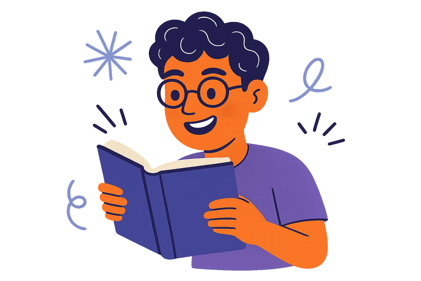 character in glasses reading