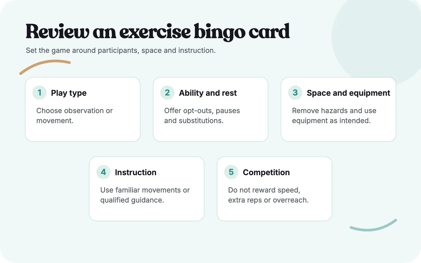 Five-point checklist for reviewing an exercise bingo card before play.