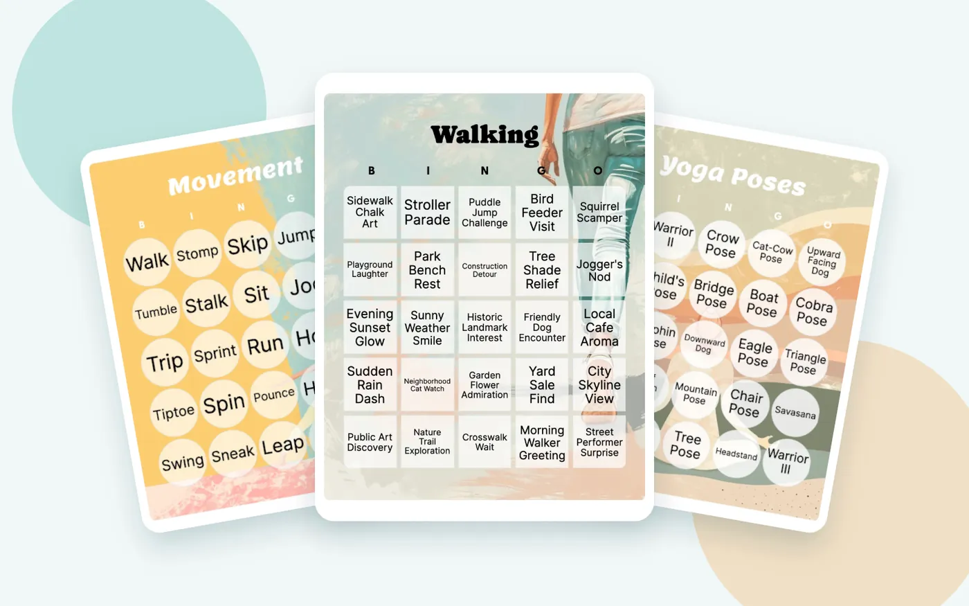 Three overlapping exercise bingo examples for movement, walking observations, and yoga poses