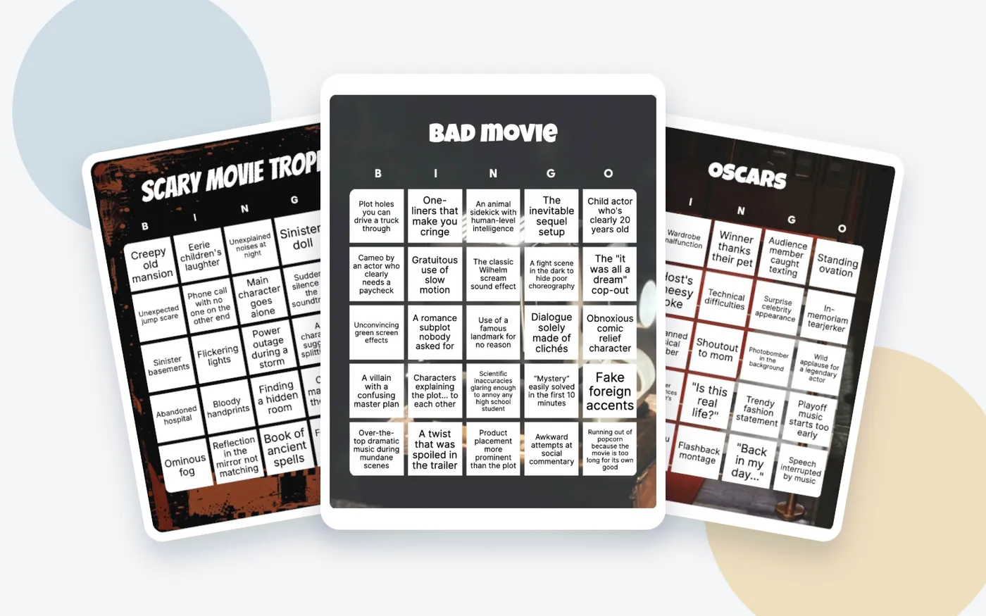 Three overlapping film and TV bingo examples for scary movie tropes, bad movies, and the Oscars