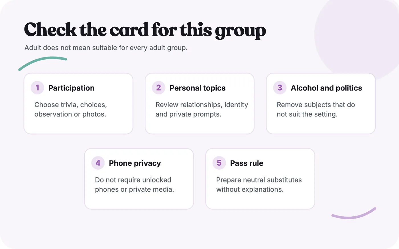 Five-point checklist for checking an adult bingo card against the group and setting.