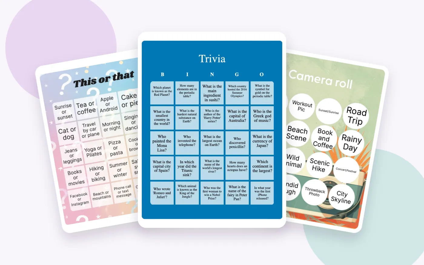 Three overlapping adult bingo examples for choices, trivia, and camera-roll prompts