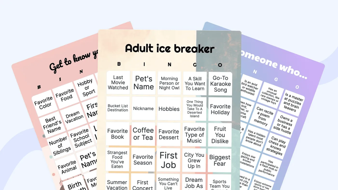 3 icebreaker bingo cards stacked on top of each other