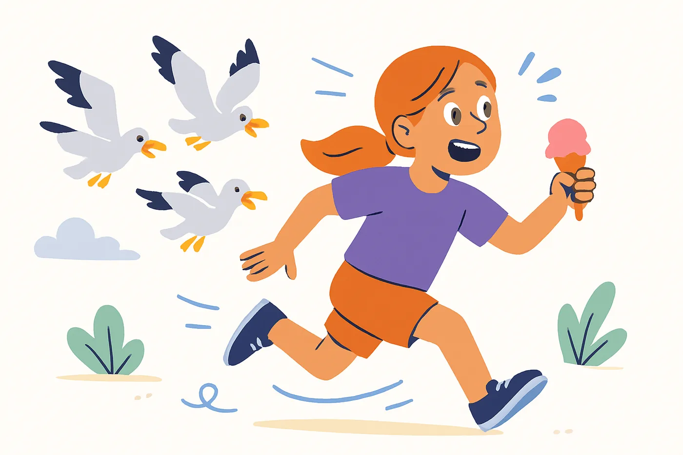 girl running from seagulls illustration