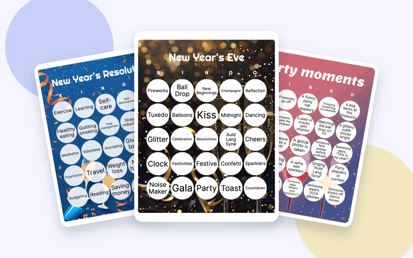 Three overlapping New Year's bingo examples for resolutions, celebration words, and party moments