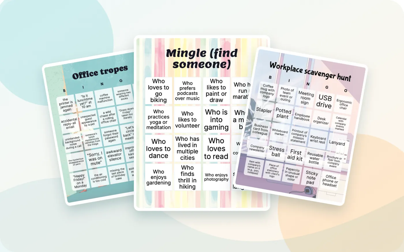 Office tropes, Mingle, and Workplace scavenger hunt bingo cards.