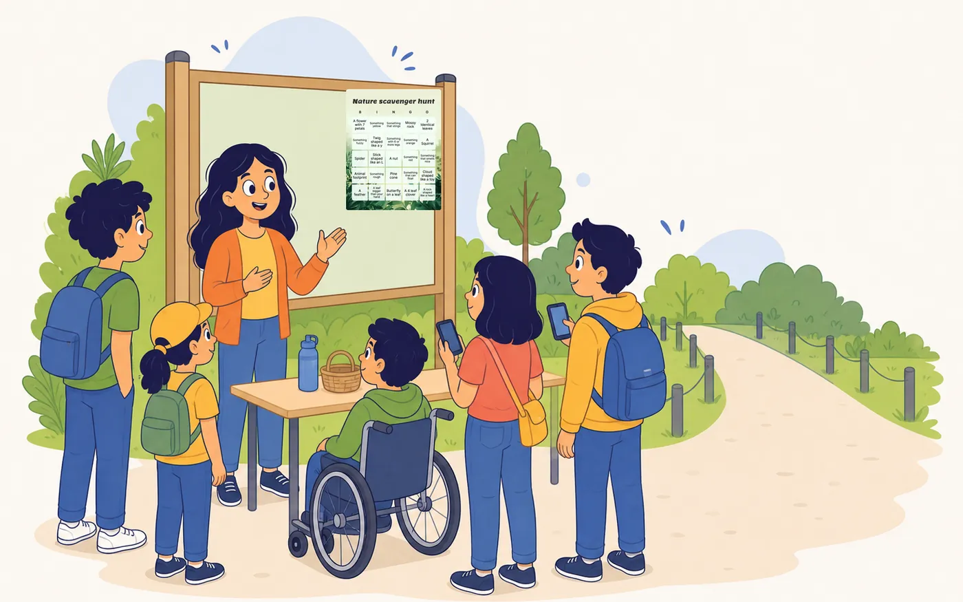 Illustration of a scavenger hunt group receiving boundary instructions with a verified nature scavenger hunt card shown on the board