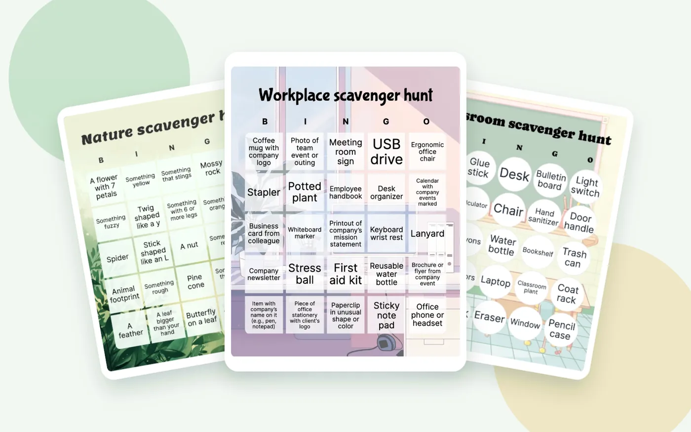 Three overlapping scavenger hunt bingo examples for nature, workplace, and classroom settings