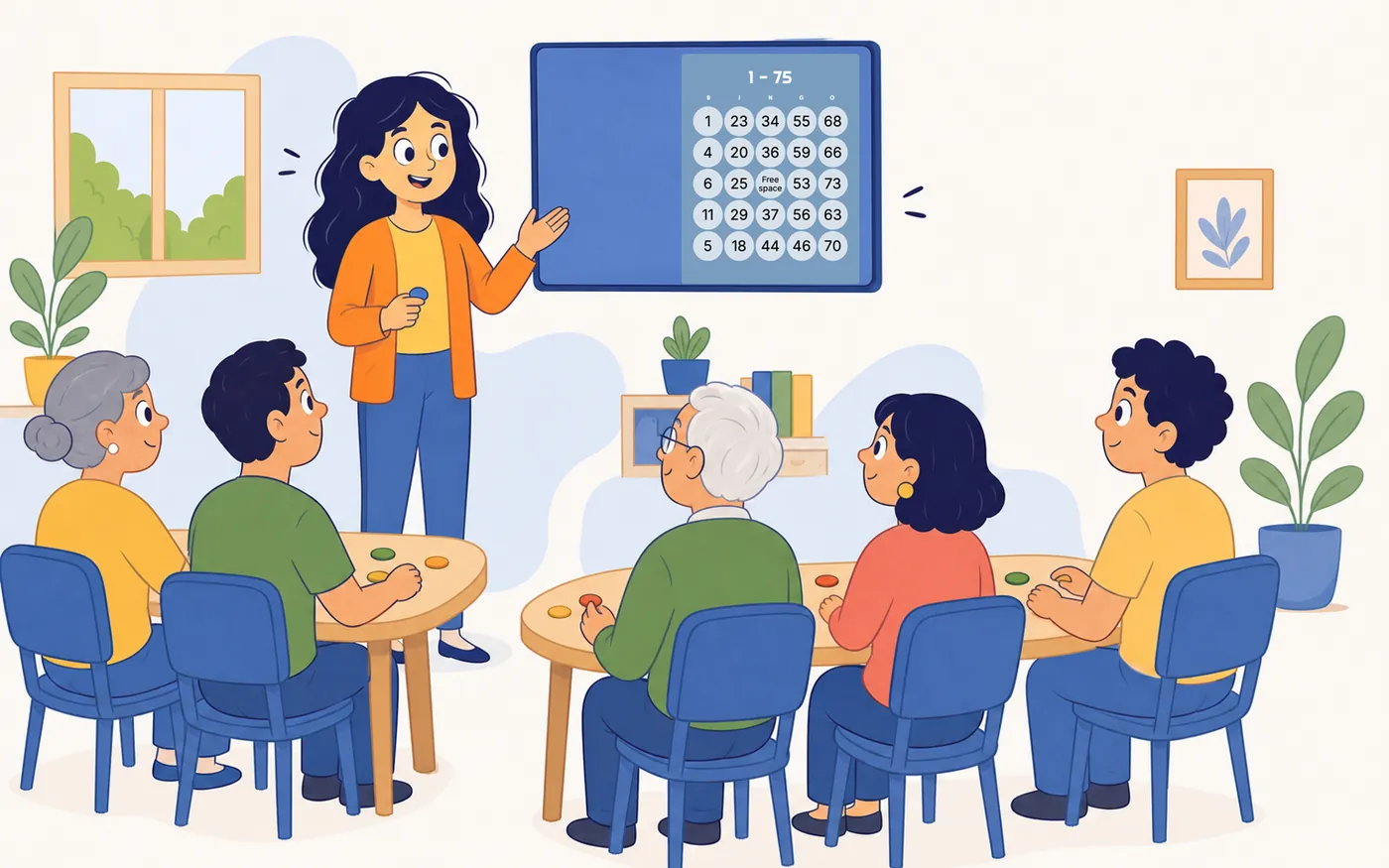 Illustration of a number bingo caller facing players with a verified 1-75 card shown on the display
