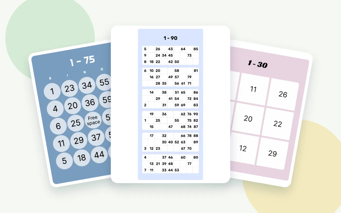 Three overlapping number bingo examples showing 1-75, 1-90, and 1-30 formats