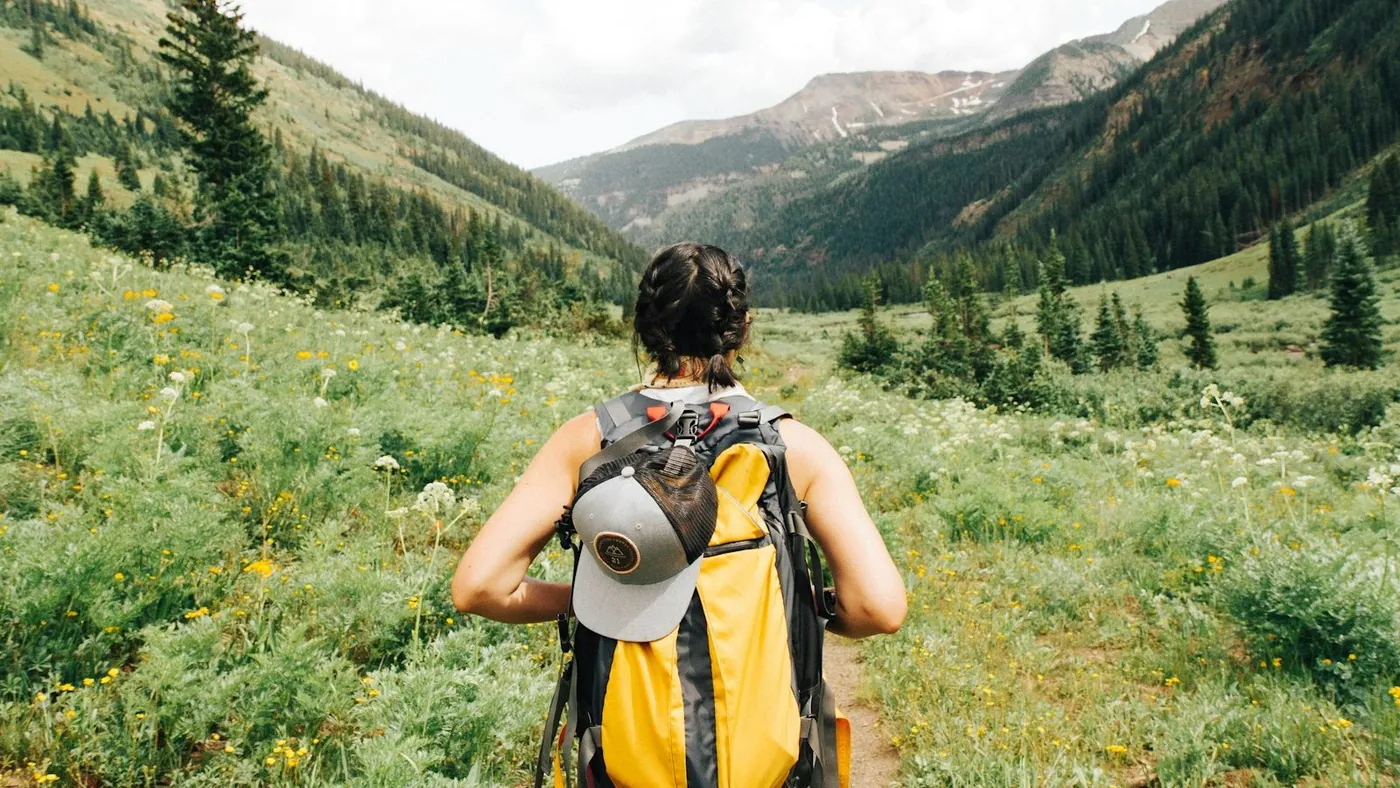 person carrying yellow and black backpack walking between green plants