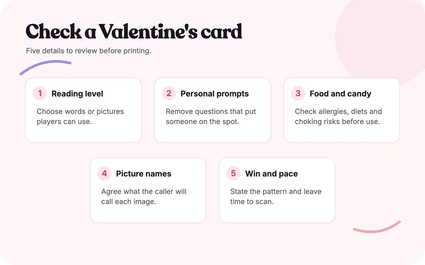 Five-point checklist for reviewing a Valentine's bingo card before printing.