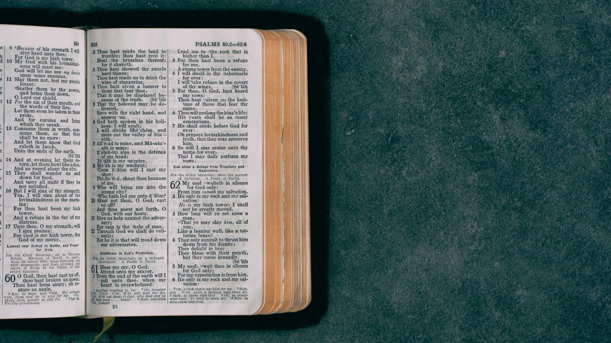 open pocket bible on green surface